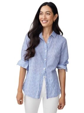 J MCLAUGHLIN 100% Linen Blue White Stripe Nautical Button-Up Summer Shirt EUC L